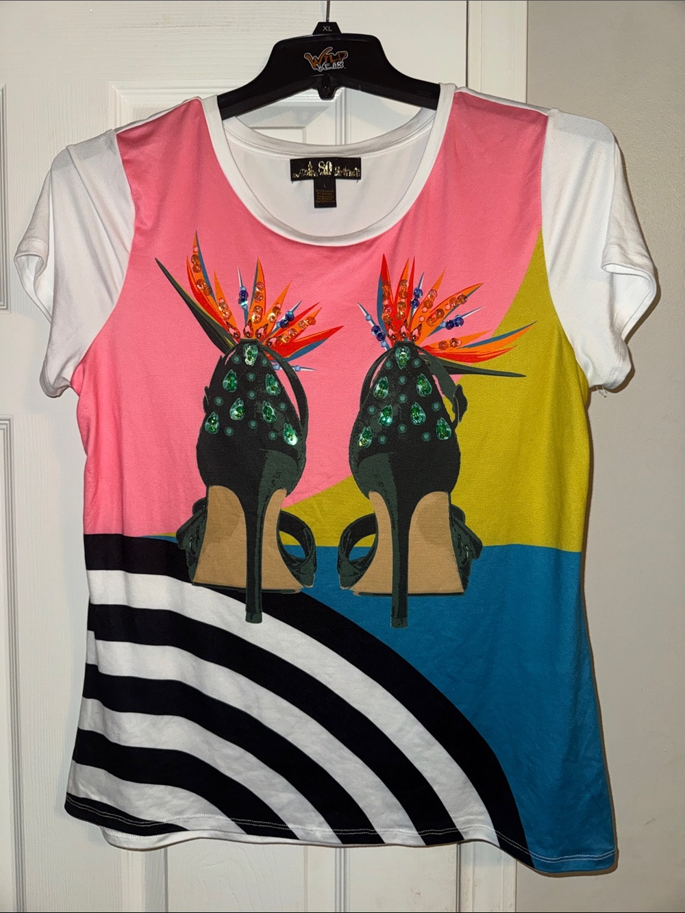 Embellished Graphic Short-Sleeve Tee - Pink/White/Blue/Yellow